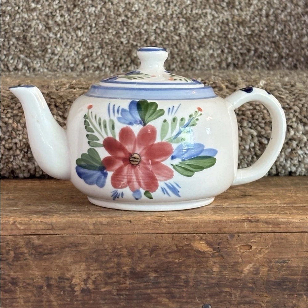 Hand-Painted Floral Ceramic Teapot - White with Red & Blue Flowers